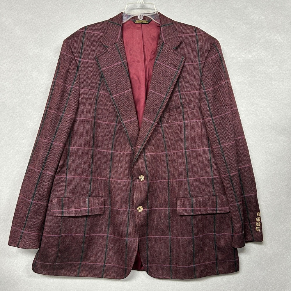 John Weitz Men XXL Blazer Maroon Herringbone Plaid Dark Academia USA Vintage